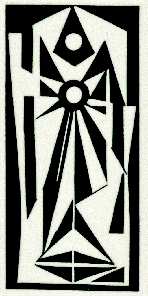 Prompt: geometric judgement tarot card by karl gerstner, minimal, black and white monochrome, bordered, centered, in frame, 8 k scan