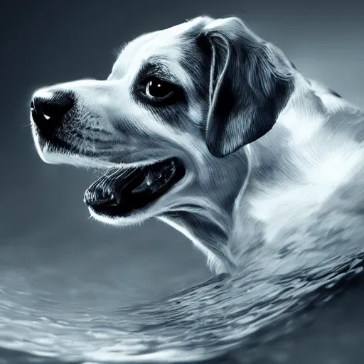 Image similar to dog in the water, stylized, artgerm, artstation, hd, cgsociety, cgi, realistic, dramatic, cinematic, artistic, trending, detailed