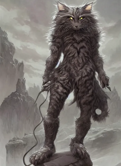 Image similar to stone maine coon, anthropomorphic large maine coon, dnd bipedal golem character, golem coon, aware. stone cat. dnd character concept, dnd digital painting, dnd artstation, dnd concept art, smooth, super sharp focus, illustration, art by artgerm and h r giger and alphonse mucha. epic fantasy illustration for dnd character