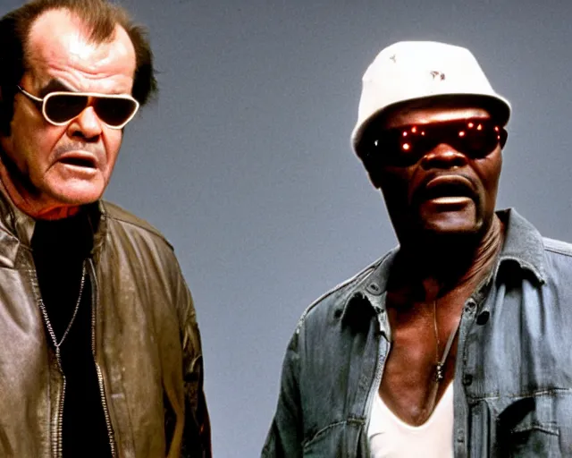 Prompt: Jack Nicholson and Samuel L. Jackson are Terminators action scene