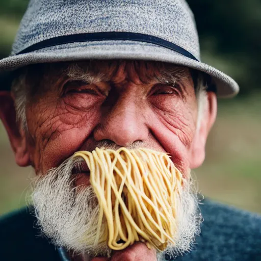 Prompt: elderly man wearing a hat made from spaghetti, Canon EOS R3, f/1.4, ISO 200, 1/160s, 8K, RAW, unedited, symmetrical balance, in-frame