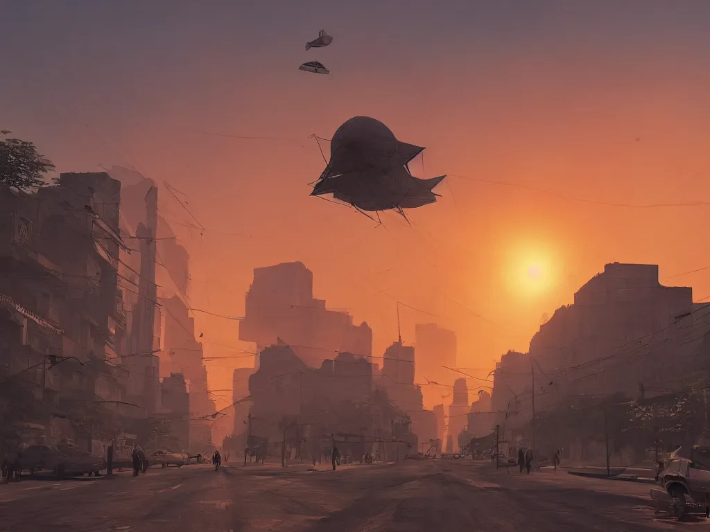 Image similar to streets of delhi, sunset, airship in the sky, clear skies in the distance, hyperreal, artstation