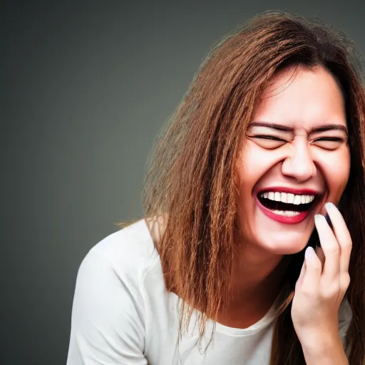 Image similar to first - person photograph of a woman laughing histerically, white space, 4 k, professional photography, extreme detail, realistic facial features, eye contact