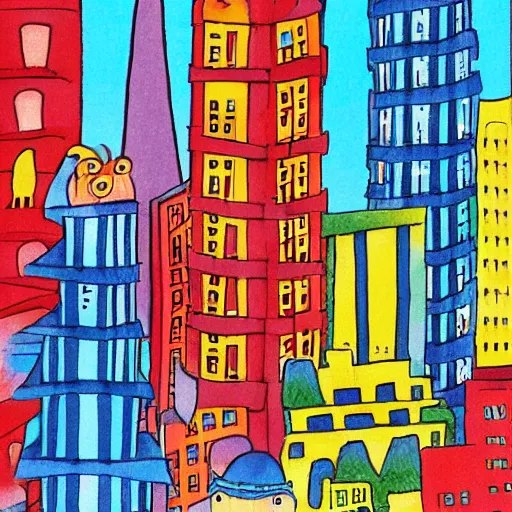 Prompt: city scape, colorful kids book illustration by dr seuss, with towers, bridges, stairs