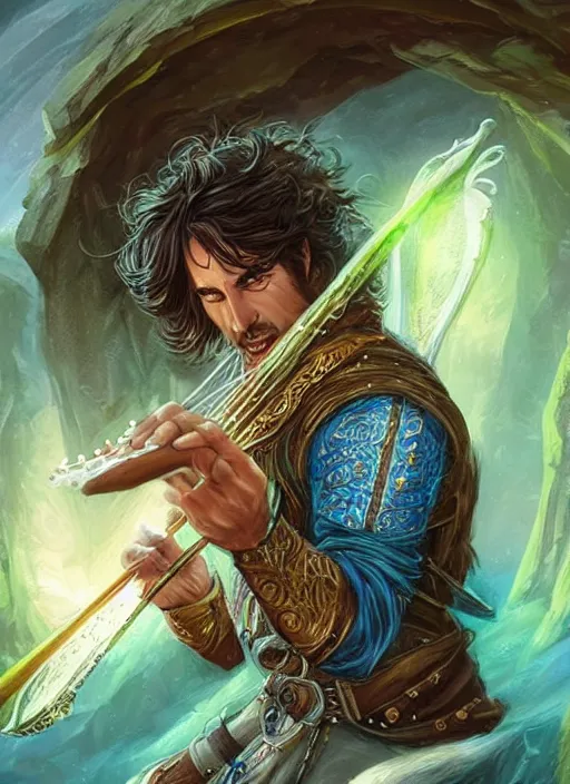 Image similar to male bard playing harp, ultra detailed fantasy, dndbeyond, bright, colourful, realistic, dnd character portrait, full body, pathfinder, pinterest, art by ralph horsley, dnd, rpg, lotr game design fanart by concept art, behance hd, artstation, deviantart, hdr render in unreal engine 5