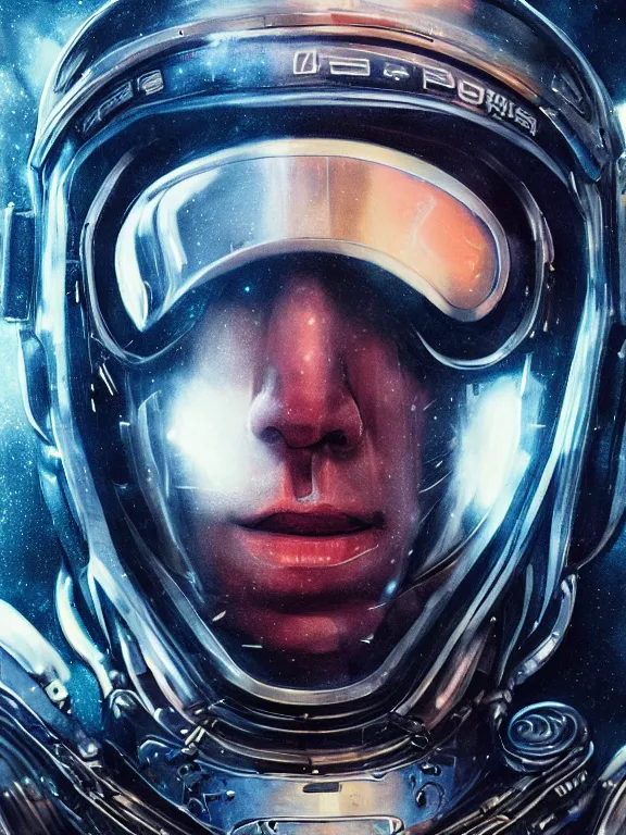 Prompt: portrait art of 8k ultra realistic retro futuristic cosmonaut, galaxy reflected helmet , detailed intricate ornate armour,blade runner, cybernetic, full of colour, cinematic lighting, battered, trending on artstation, 4k, hyperrealistic, focused, extreme details,unreal engine 5, cinematic, masterpiece, art by ayami kojima, giger