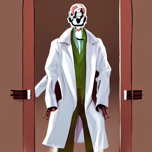Image similar to an academic wearing a white trench coat with 6 arms sticking out on all sides, looking out of a doorway. four arms have lazer guns, one has a rifle, and one has a broken piece of a door. artstation. dramatic digital art.