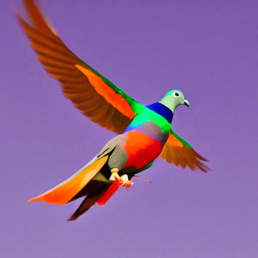 Image similar to pigeon and Phoenix flying together, purple and orange trails