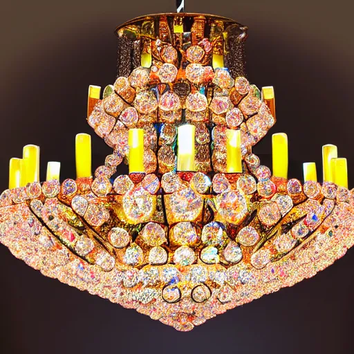 Image similar to complex cristal chandelier with anatomic description , gems, gold, bright colors ultrawide lens, details, studio lighting, realism, complex lights