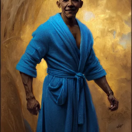 Image similar to detailed realistic cinematic wide shot of beautiful attractive muscular barack obama with gold chain wearing blue bath robe slim face symettrical face clean skin black eyes black robe smooth, sharp focus, ultra realistic, spring light, painting by gaston bussiere, craig mullins, j. c. leyendecker