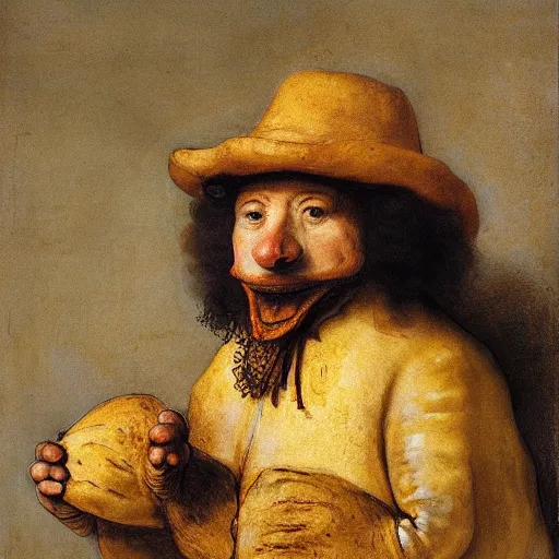 Prompt: Banana eating a big sandwich, by Rembrandt