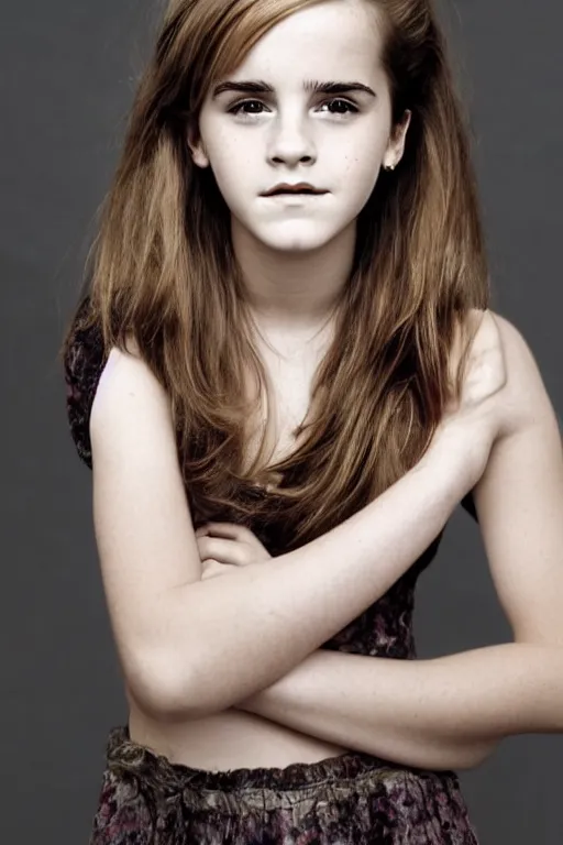 Prompt: young emma watson at a photo shoot with Dan Kindrov, photorealistic.