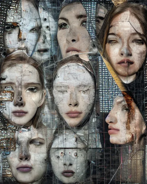 Prompt: technological, different women's faces, cut and paste collage, wires, burnt, clean glow, 2 0 5 0 s, hypnotized, cold texture, cracked steel, dystopian, serene emotions