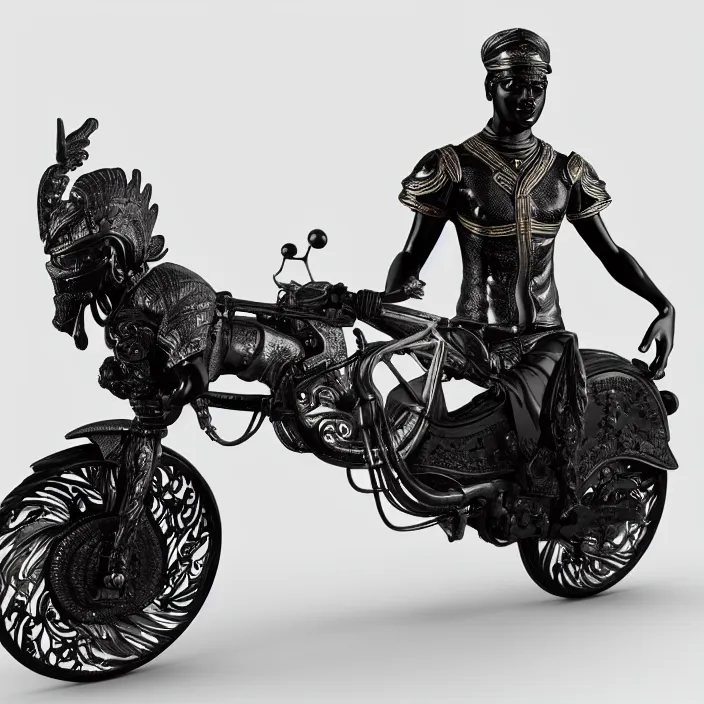 Image similar to fine art statue of black egyptian man on a surrealist motorbike motorcycle, ebony art deco, carved black marble, inlaid with ebony and gold accents, ebony rococo, wings black lace wear, spider zero, zaha hadid, beautifully lit, hyper detailed, octane render, intricate, elite, ornate, photorealistic, micro details, 3 d sculpture, ray trace