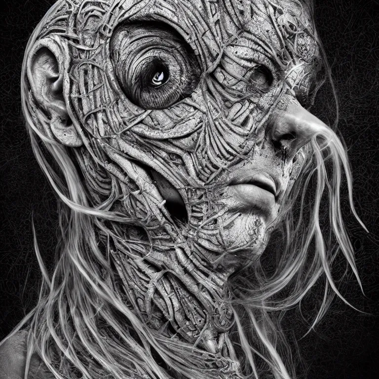 Image similar to surreal spinal ribbed tribal exotic organic face portrait of a beautiful cult member wearing occult, beautiful detailed intricate insanely detailed BW 3D render digital art, octane render, 8K artistic photography, photorealistic