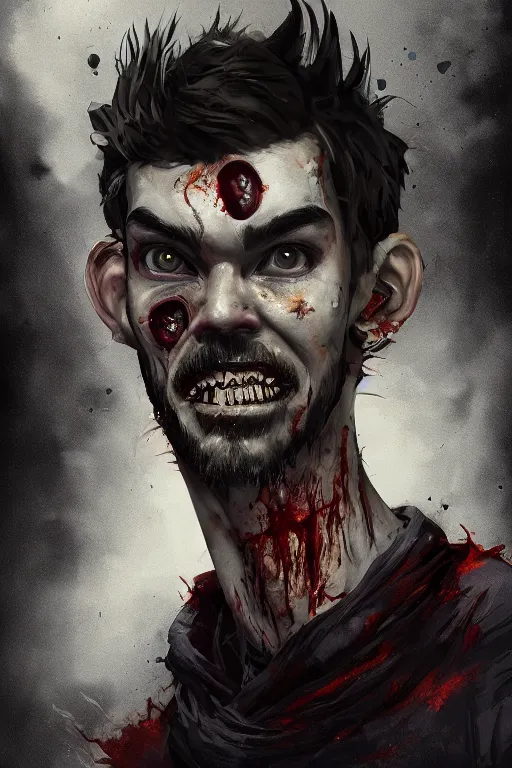 Prompt: A fancy portrait of a zombified YouTuber jacksepticeye by Greg Rutkowski, Sung Choi, Mitchell Mohrhauser, Maciej Kuciara, Johnson Ting, Maxim Verehin, Peter Konig, Bloodborne, 8k photorealistic, cinematic lighting, HD, high details, dramatic, dark atmosphere, trending on artstation