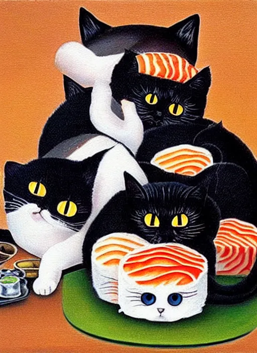 Image similar to clear surrealist painting of adorable cats made out of sushi