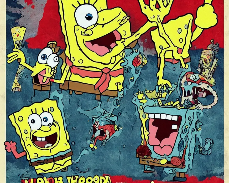 Prompt: a horror movie poster featuring spongebob