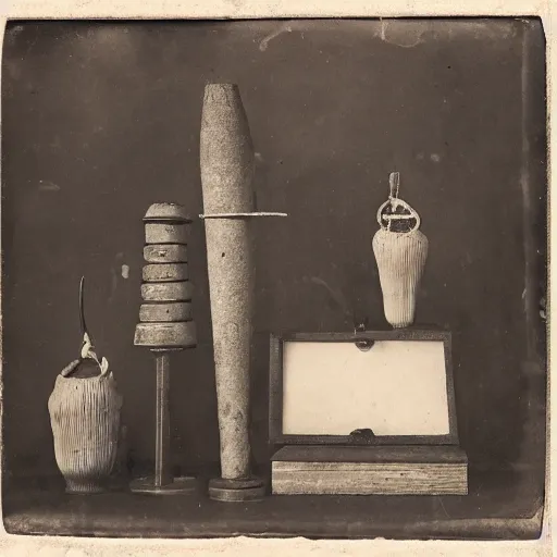 Image similar to Tintype photograph of primitive objects displayed in an ethnographic museum, archive material, anthropology,in the style of Marcel Duchamp, 1920s studio lighting.