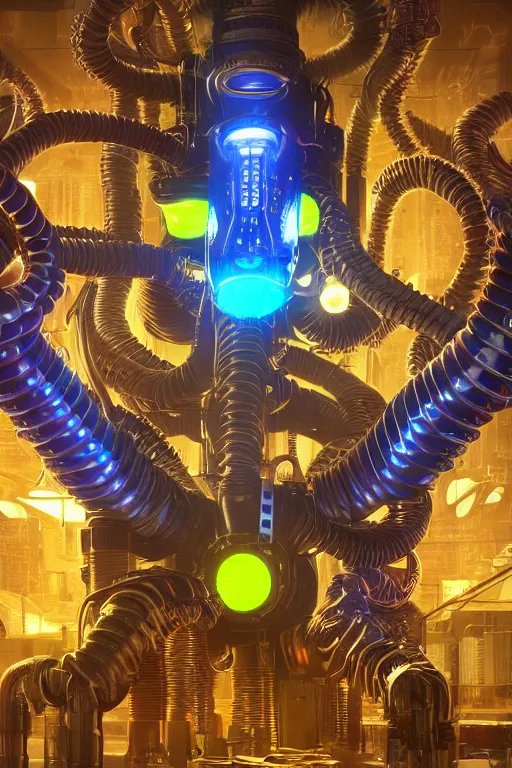 Image similar to portrait of humongous cyberpunk octopus, symmetric, body full glowing vacuum tubes, realistic digital art, 3 d render of futuristic steampunk generators inside a huge steampunk engine, 8 k, fluorescent colors, halluzinogenic, multicolored, exaggerated detailed, unreal engine