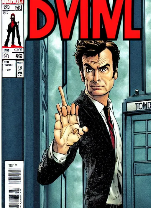 Image similar to A marvel comic book cover of the tenth doctor standing in front of the Tardis, daytime