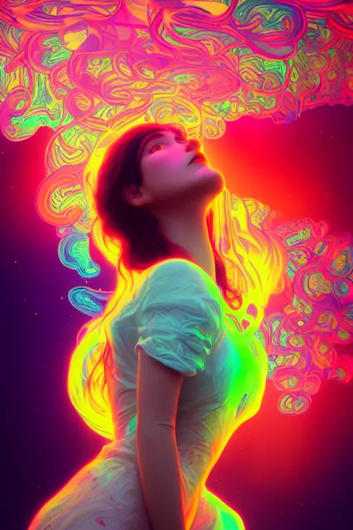 Prompt: a gorgeous woman surrounded by colorful liquid clouds and neon smoke, fantasy, extremely detailed, psychedelic experience, psilocybin, dmt, lsd, face, highly detailed, artstation, alphonse mucha, hana yata, and artem demura and beeple, octane render, unreal engine, 8 k