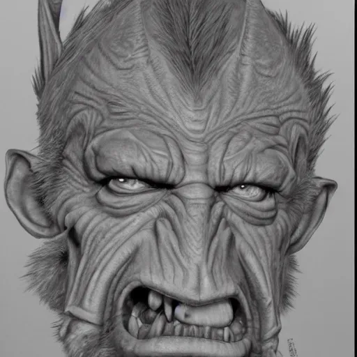 Image similar to hyper realistic pencil drawing of a goblin, D&D Art, detailed, rim light, diffused, intricate, axe, by Chris Metzen