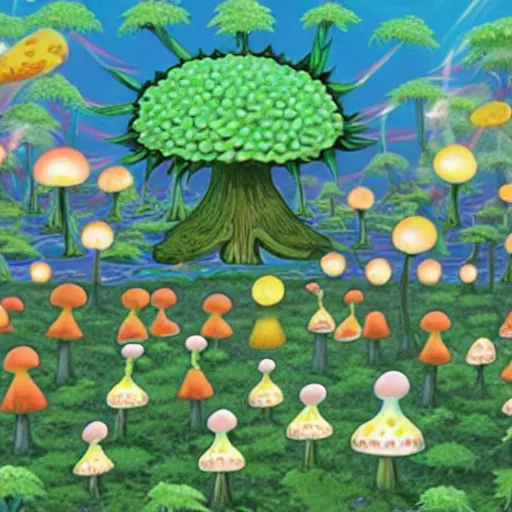 Image similar to cannabis magic mushrooms people advocating for their own freedom to grow pot plants in their backyards, colorful whimsical fantasy, by chiho aoshima