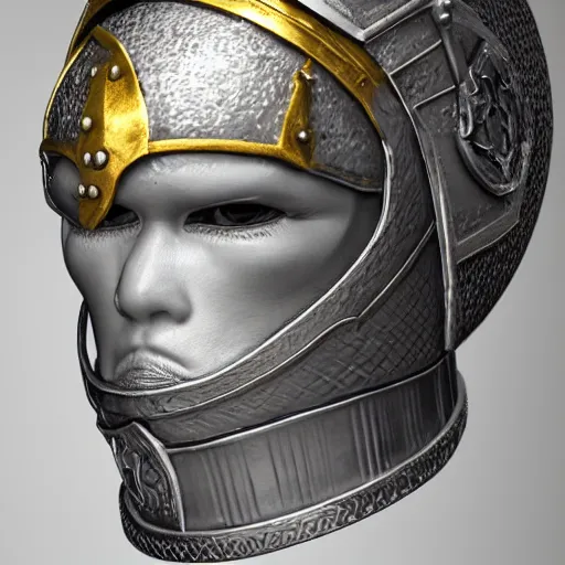 Prompt: bust portrait of a knight, high detail, silver, steel, helmet, ornate decoration, gold trim, octane, unreal 5