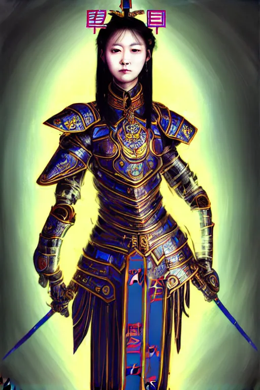 Prompt: beautiful and divine and holy and elite and colorlpunk three kingdom chinese female armor knight portrait like twice tzuyu+shinnyy eyes, ssci-fi, fantasy, neon light, art and illustration by tian zi and craig mullins and WLOP and alphonse mucha, fantasy, intricate complexity, human structure, human anatomy, fantasy character concept, watermark, blurry, hyperrealism 8k