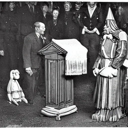 Prompt: an old photo of a funeral, with shrek laying in a casket, and donkey standing behind the lectern.