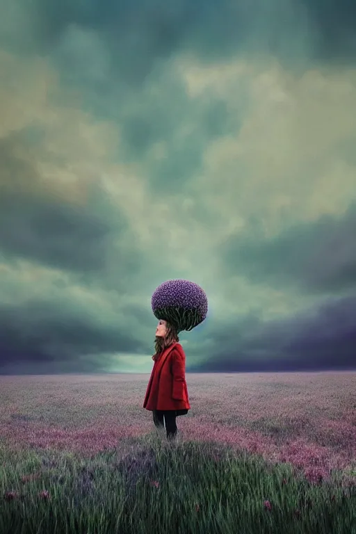 Image similar to portrait, enormous daisy flower head, a girl wearing coat in heather field, surreal photography, wind and cold, dramatic sky, impressionist painting, digital painting, artstation, simon stalenhag