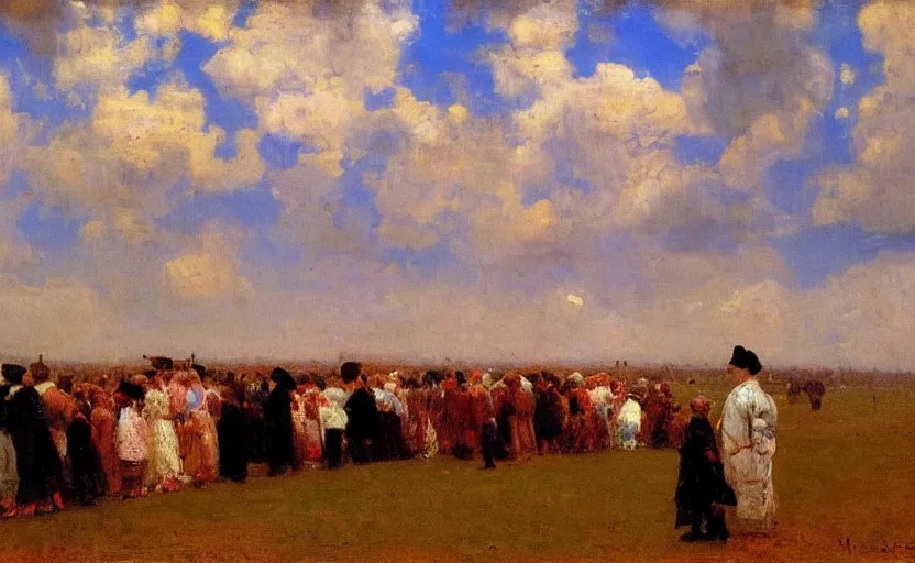 Image similar to high quality high detail painting by ilya repin, a long row of people standing in the clouds, hd