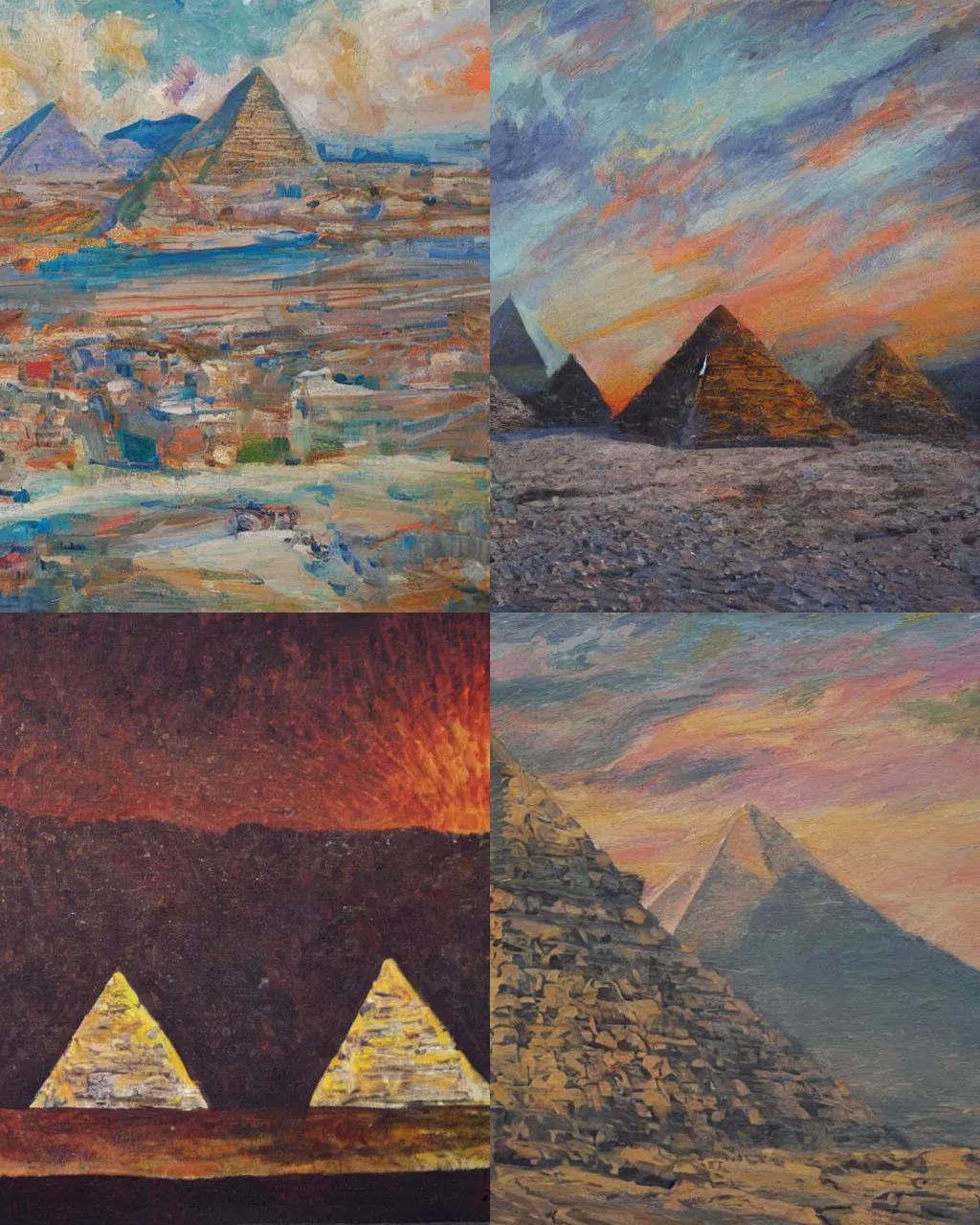 Image similar to great pyramids at giza, sunset, golden hour, acrylic, modernism,