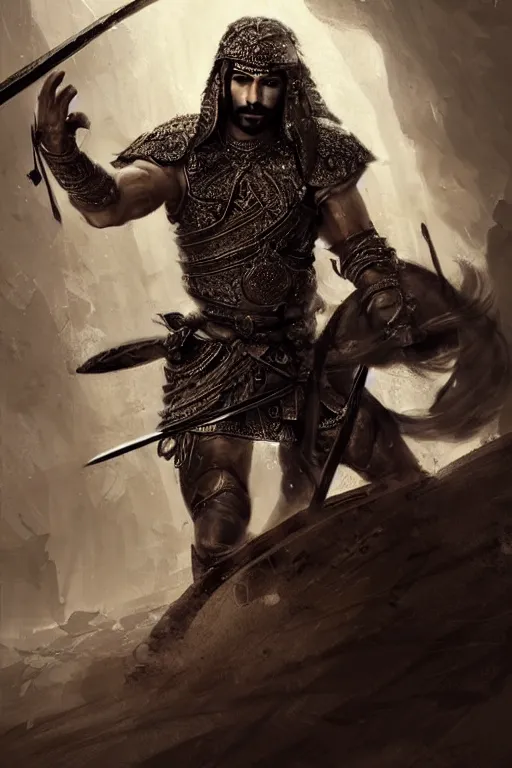 Image similar to portrait of a Persian Prince fighting at war, warrior, brutal battle, handsome prince, shaved face, attractive young man, heroic pose, persian style architecture, dramatic lighting, dark and horror, action and tragedy, dust and blood, intricate, wild, highly detailed, digital painting, artstation, concept art, smooth, sharp focus, illustration, art by artgerm and greg rutkowski and alphonse mucha, footage from space camera