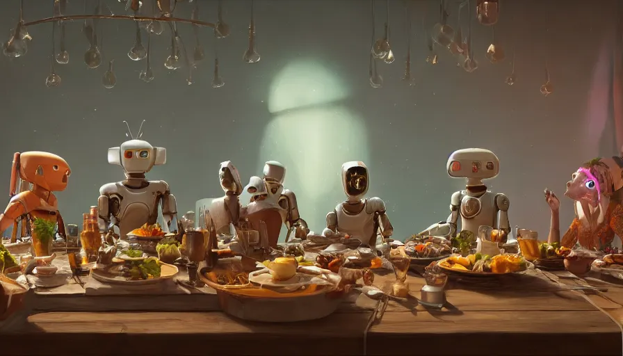 Image similar to a table dinner of android robots where robots are dressed like the characters from the midsommar movie, realistic detailed digital art by maxwell boas jessica rossier christian dimitrov anton fadeev trending on artstation cgsociety rendered in unreal engine 4 k hq