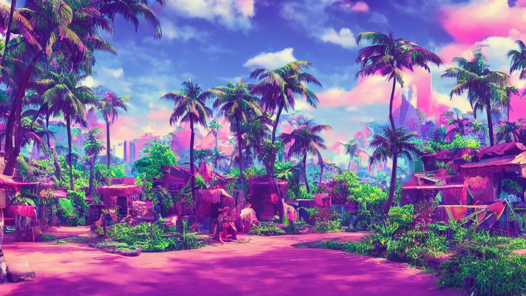 Image similar to village in a vaporwave jungle, 4k, ultra realistic, award winning photograph