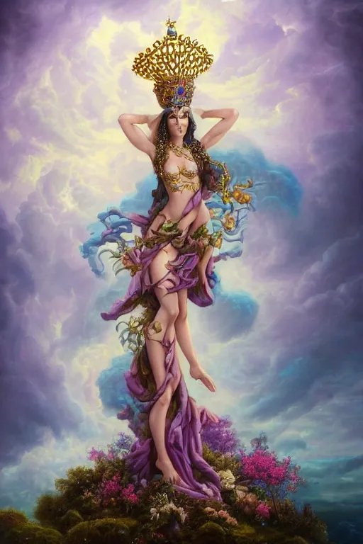 Prompt: full body pose fine art photo of the cher goddess, she has a crown of stunning flowers and frilly dress of purple satin and gemstones, background full of stormy clouds, by peter mohrbacher