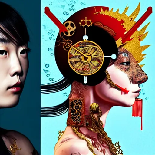 Image similar to portrait and side profile of a chinese woman :: side profile :: in ocean :: clockwork details :: gold :: blood and horror :: by vikings and Sandra Chevrier