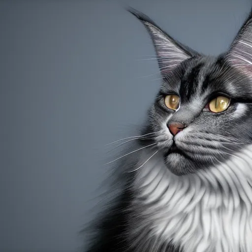 Image similar to a big magnificent dark gray maine coon mix cat with white belly, white paws and white face markings with long fur and fluffy tail, sitting, soft lighting, peaceful, science fiction, award-winning, cinematic lighting, insanely detailed, very realistic, Artstation, Cgsociety, by Simon Stalenhag, directed by Denis Villeneuve, filmic