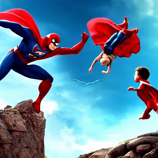 Prompt: a flying superhero catching a child that is falling from a cliff. photorealistic. realism. 4 k wideshot. cinematic. unreal engine. artgerm.