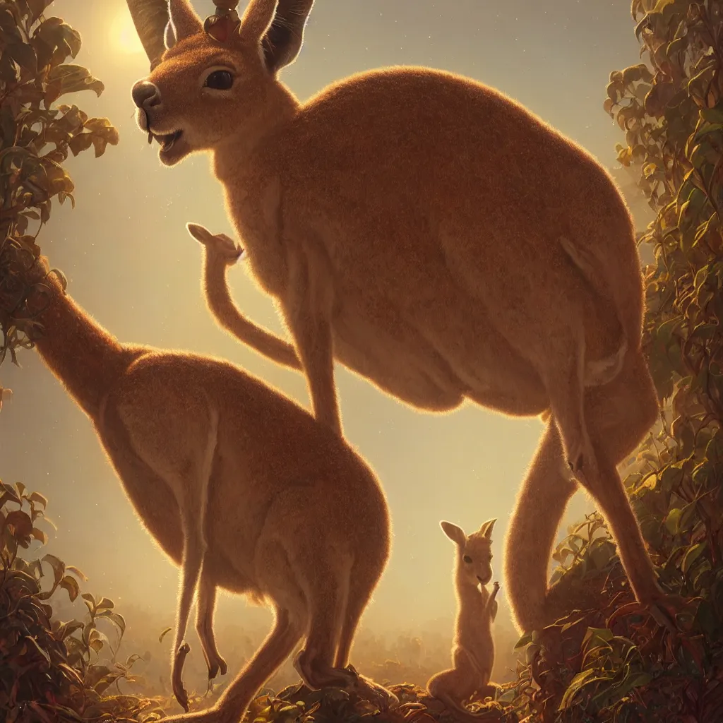 Image similar to Highly detailed portrait of a single Kangaroo wearing a Crown, Stephen Bliss, unreal engine, fantasy art by Greg Rutkowski, Loish, Rhads, ferdinand knab, Makoto Shinkai and Lois van baarle, ilya kuvshinov, rossdraws, Tom Bagshaw, alphonse mucha, global illumination, radiant light, detailed and intricate environment