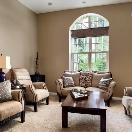 Prompt: showcase living room with recliner, bay window, table, tv