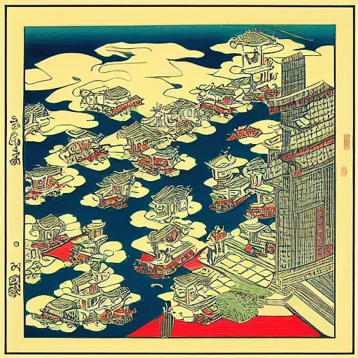 Prompt: “City of london in the style of a woodblock print by the Japanese ukiyo-e artist Hokusa, by James Jean”