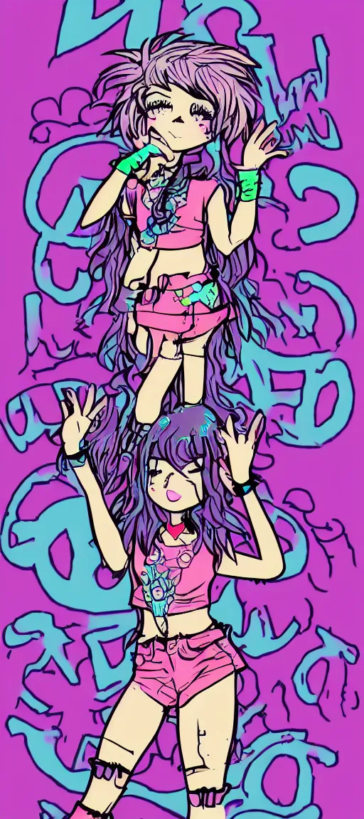 Prompt: a kawaii pastel goth raver hippie girl with wild hair, in the style of archie comics (1963), artstation, HQ scan, toon shading, cel shading,