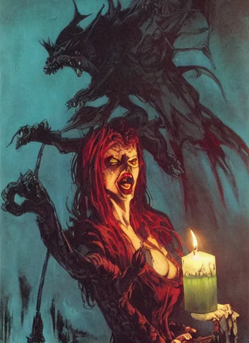 Prompt: carmilla vampire, gothic horror, by frank frazetta, candlelit catacombs, vibrant colors, teal and magenta