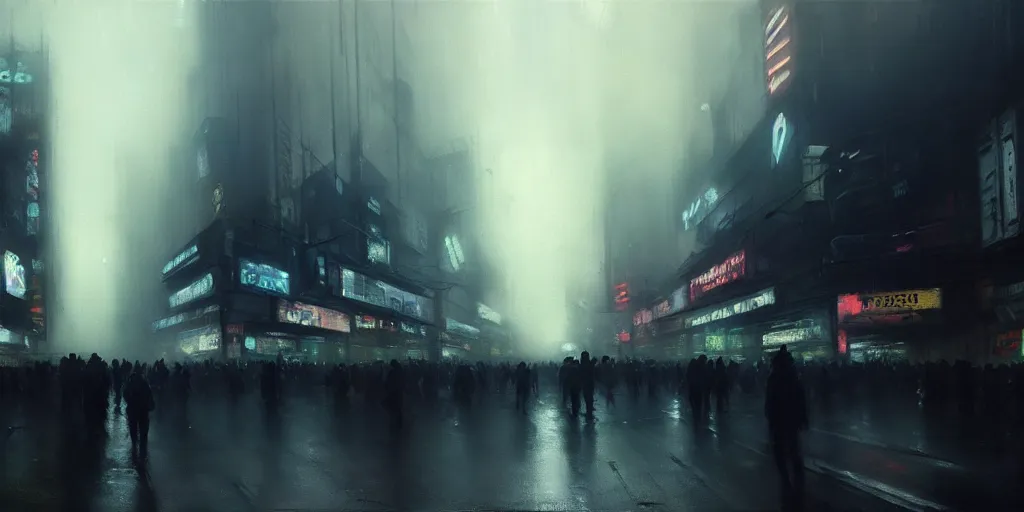 Image similar to beautiful painting by jeremy mann, large crowd in a cyberpunk street, still from blade runner movie, desaturated, oil painting, perfect composition, detailed octane render trending on artstation, volumetric fog, ominous, unsettling, 8 k artistic photography, volumetric cinematic perfect light