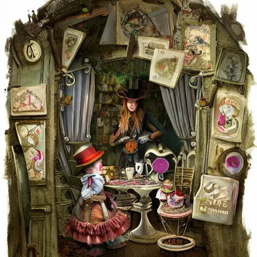 Image similar to alice in wonderland tea party with the mad hatter, march hare, alice, door mouse, lowbrow, matte painting, 3 - d highly detailed, style of greg simkins