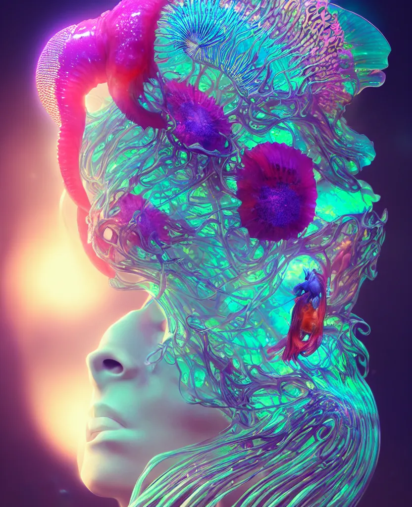 Image similar to goddess close-up portrait. dichroic orchid jellyfish phoenix head, nautilus, skull, betta fish, bioluminiscent creatures, intricate artwork by Tooth Wu and wlop and beeple. octane render, trending on artstation, greg rutkowski very coherent symmetrical artwork. cinematic, hyper realism, high detail, octane render, 8k