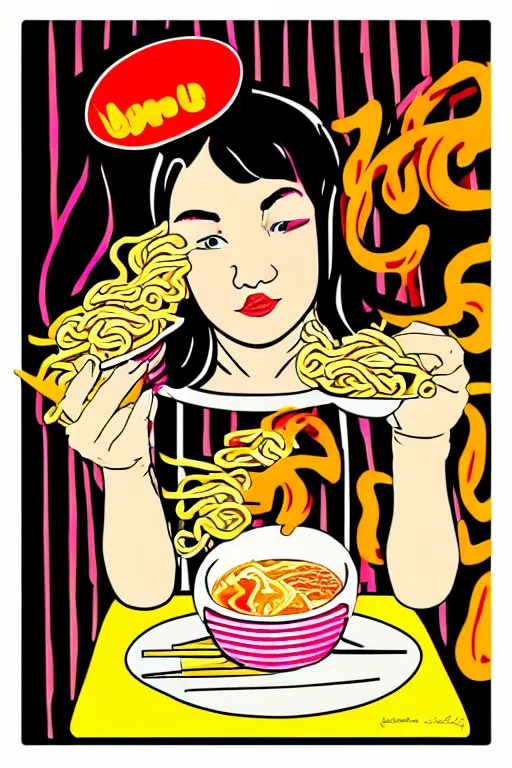 Image similar to a girl eating ramen in the style of modern pop art